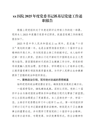 医院2025年度党委书记抓基层党建工作述职报告20251210