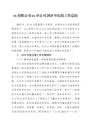 有限公司XX分公司2025年纪检工作总结