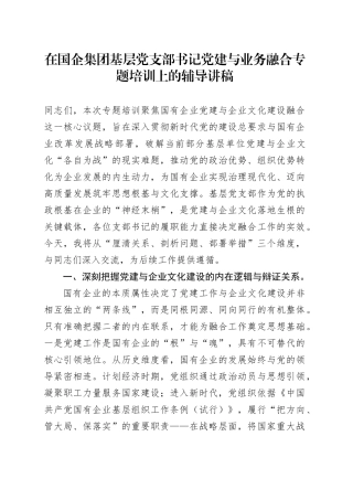 在国企集团基层党支部书记党建与业务融合专题培训上的辅导讲稿