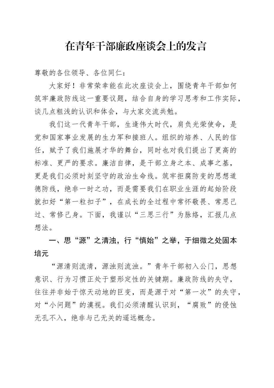 在青年干部廉政座谈会上的发言_第1页