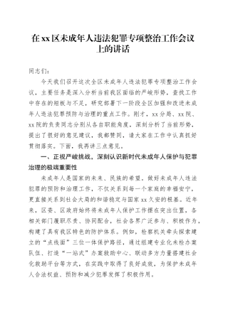在区未成年人违法犯罪专项整治工作会议上的讲话