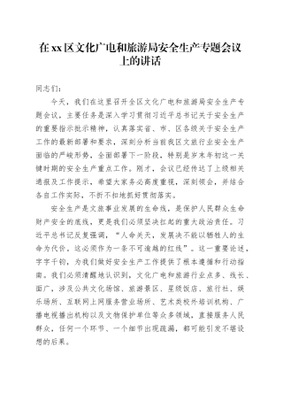 在区文化广电和旅游局安全生产专题会议上的讲话