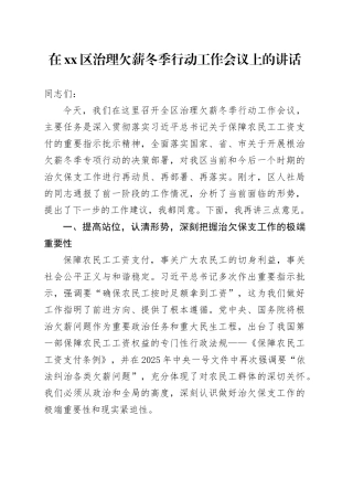 在区治理欠薪冬季行动工作会议上的讲话