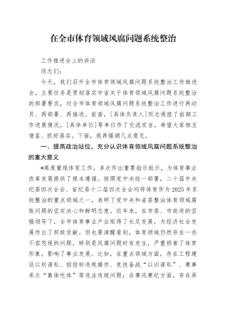 在全市体育系统风腐问题系统整治推进工作会上的讲话