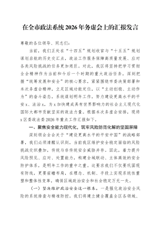 在全市政法系统2026年务虚会上的汇报发言