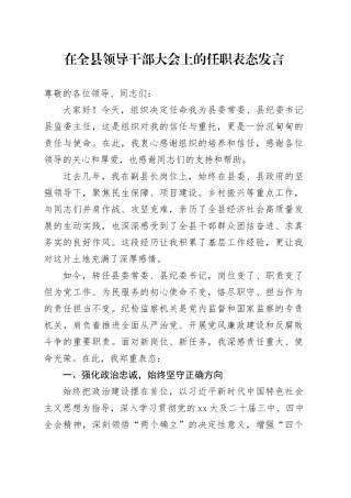 在全县领导干部大会上的任职表态发言