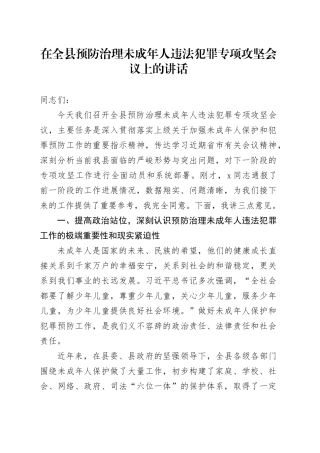 在全县预防治理未成年人违法犯罪专项攻坚会议上的讲话