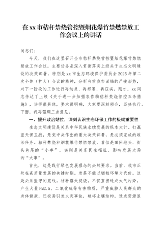 在市秸秆禁烧管控暨烟花爆竹禁燃禁放工作会议上的讲话