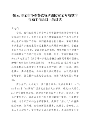 在市全市小型餐饮场所消防安全专项整治行动工作会议上的讲话