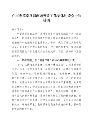 在市委巡察反馈问题整改工作集体约谈会上的讲话