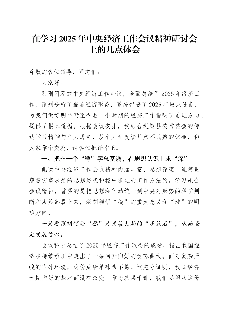 在学习2025年中央经济工作会议精神研讨会上的研讨发言心得体会_第1页