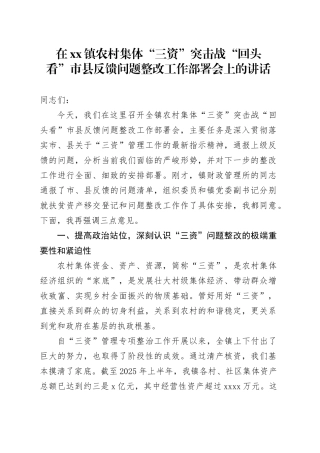 在镇农村集体“三资”突击战“回头看”市县反馈问题整改工作部署会上的讲话