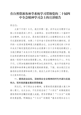 在自然资源及林草系统学习贯彻党的二十届四中全会精神学习会上的宣讲报告