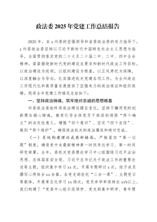 政法委2025年党建工作总结报告