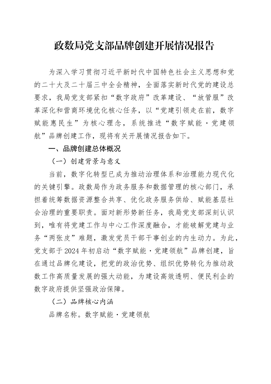 政数局党支部品牌创建开展情况报告_第1页