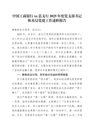 中国工商银行县支行2025年度党支部书记抓基层党建工作述职报告