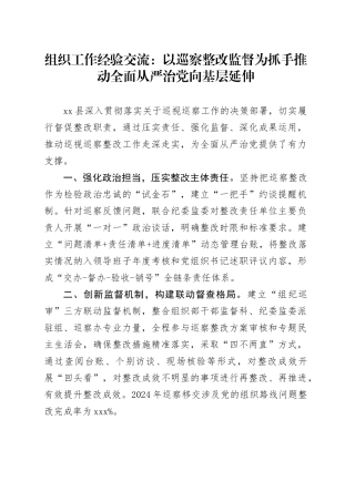 组织工作经验交流：以巡察整改监督为抓手 推动全面从严治党向基层延伸