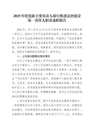 2025年度党政主要负责人履行推进法治建设第一责任人职责述职报告