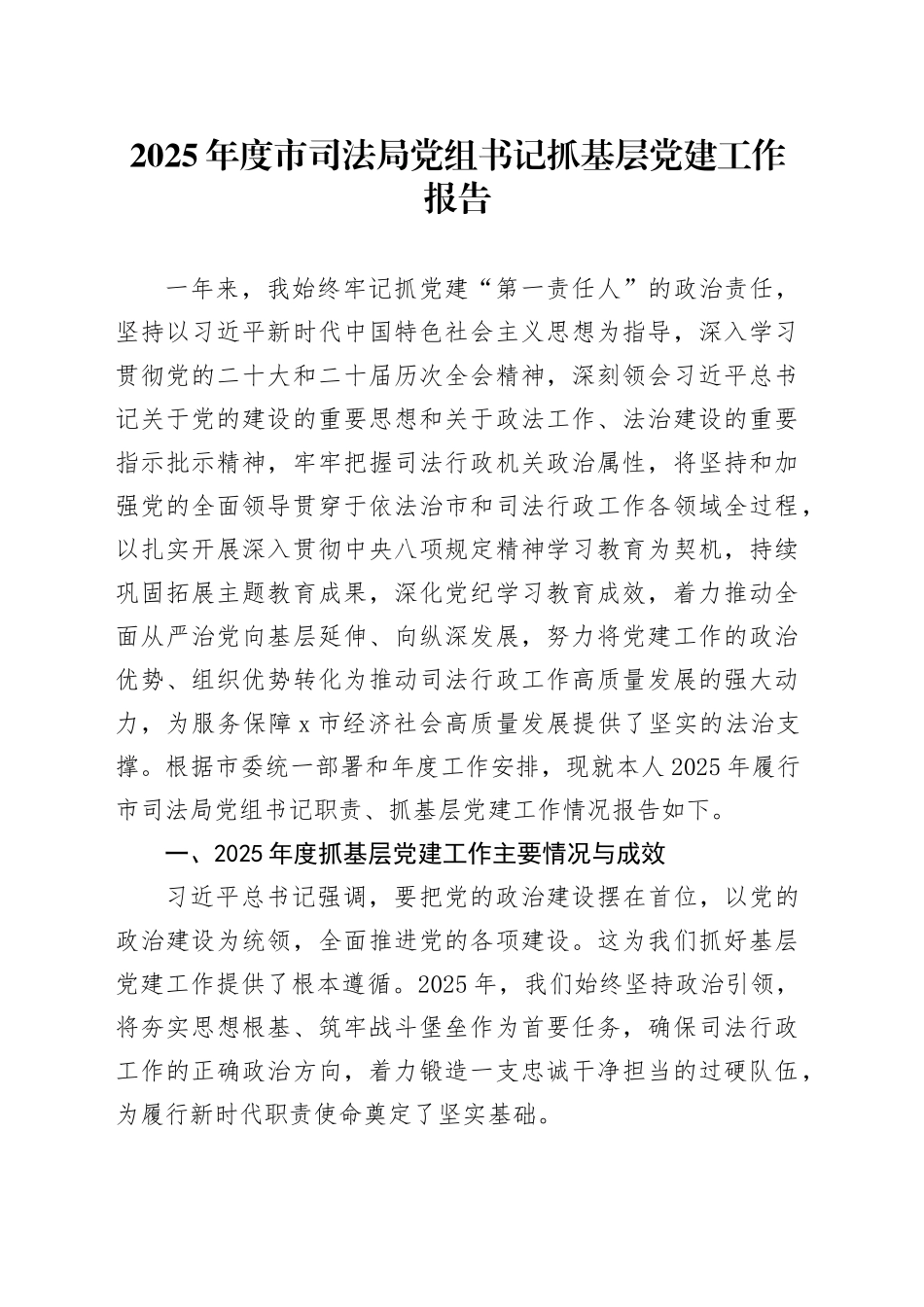 2025年度市司法局党组书记抓基层党建工作报告_第1页