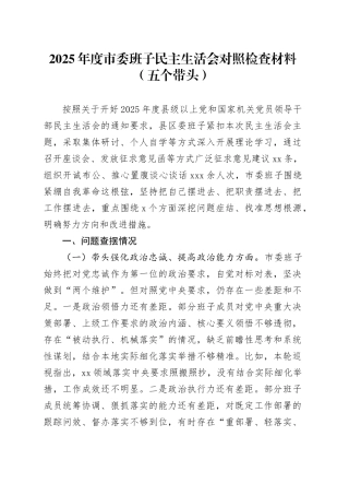 2025年度市委班子民主生活会对照检查材料（五个带头）20260108