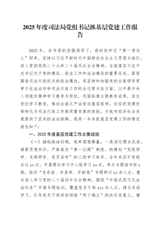 2025年度司法局党组书记抓基层党建工作报告