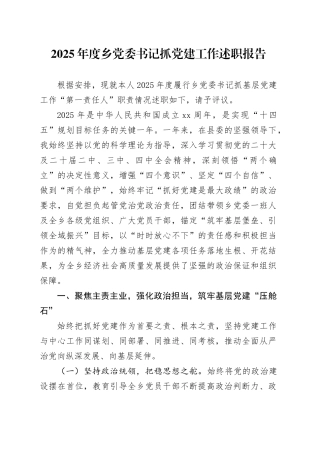2025年度乡党委书记抓党建工作述职报告