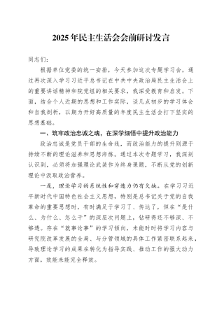 2025年民主生活会会前研讨发言20260108