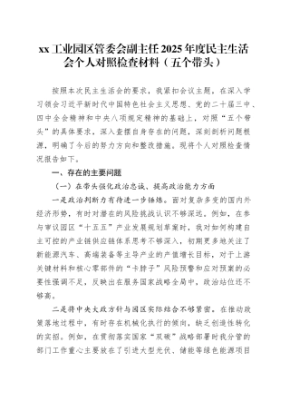 XX工业园区管委会副主任2025年度民主生活会个人对照检查材料（五个带头）20251231