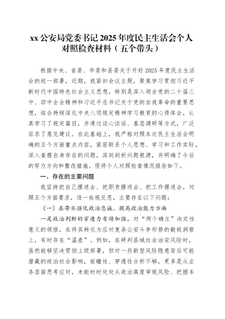 XX公安局党委书记2025年度民主生活会个人对照检查材料（五个带头）20251231