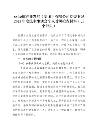 XX民航产业发展（集团）有限公司党委书记2025年度民主生活会个人对照检查材料（五个带头）20260106