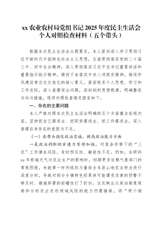 XX农业农村局党组书记2025年度民主生活会个人对照检查材料（五个带头）20260106