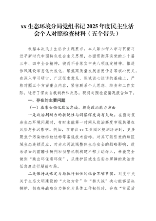XX生态环境分局党组书记2025年度民主生活会个人对照检查材料（五个带头）20260106