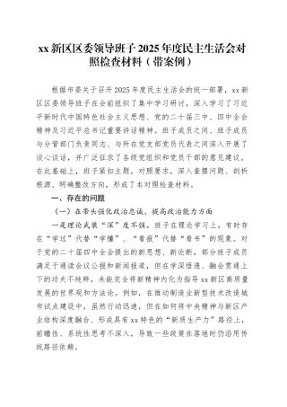XX新区区委领导班子2025年度民主生活会对照检查材料（带案例）20260116