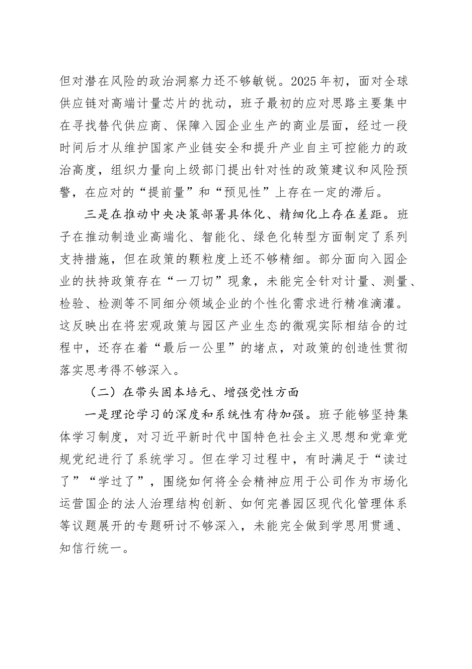 XX智能衡器计量产业园发展有限公司2025年度民主生活会班子对照检查材料（五个带头）20260108_第2页
