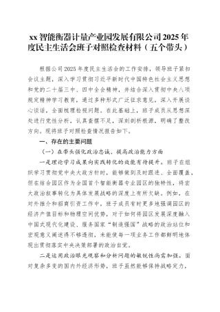 XX智能衡器计量产业园发展有限公司2025年度民主生活会班子对照检查材料（五个带头）20260108