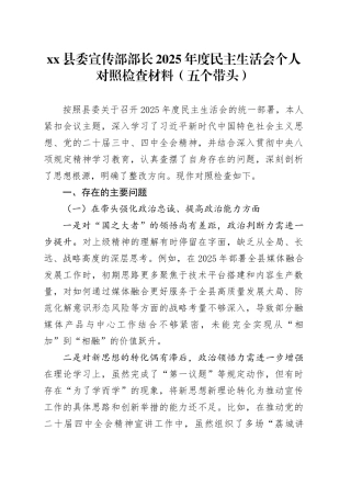 X县委宣传部部长2025年度民主生活会个人对照检查材料（五个带头）20260114