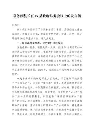 常务副县长在县政府常务会议上的发言稿