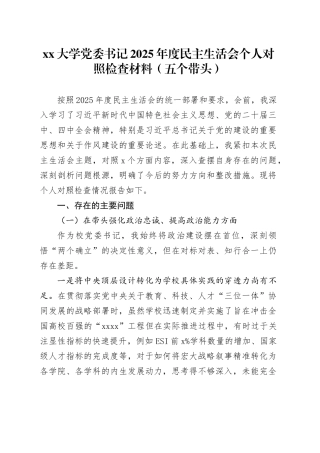 大学党委书记2025年度民主生活会个人对照检查材料（五个带头）20260106