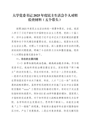 大学党委书记2025年度民主生活会个人对照检查材料（五个带头）20260108