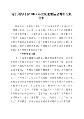 党员领导干部2025年度民主生活会对照检查材料20260104
