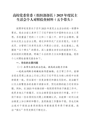 高校党委常委（组织部部长）2025年度民主生活会个人对照检查材料（五个带头）20260106