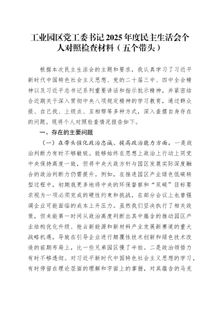 工业园区党工委书记2025年度民主生活会个人对照检查材料（五个带头）20251231