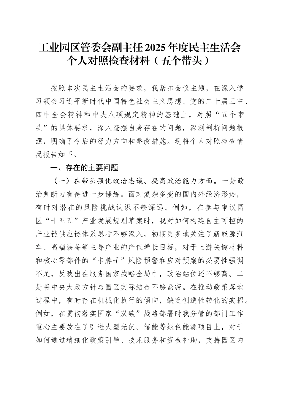 工业园区管委会副主任2025年度民主生活会个人对照检查材料（五个带头）20251231_第1页