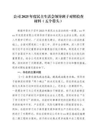 公司2025年度民主生活会领导班子对照检查材料（五个带头）20260108