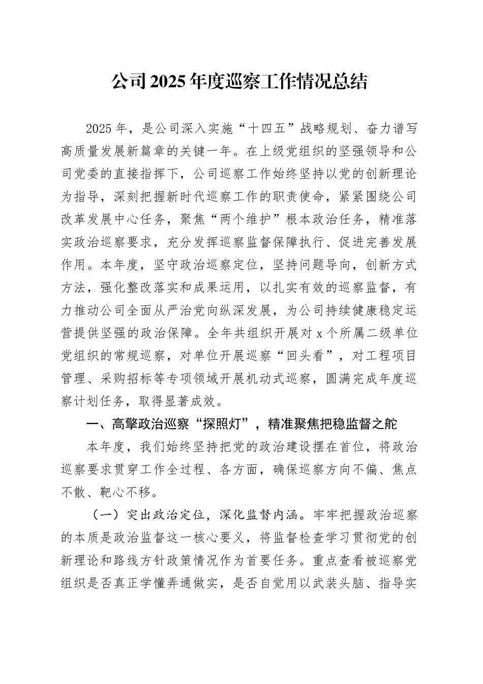 公司2025年度巡察工作情况总结_第1页