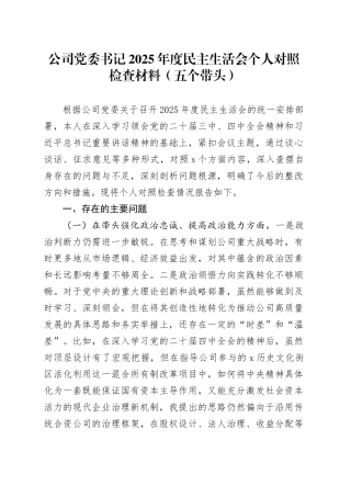 公司党委书记2025年度民主生活会个人对照检查材料（五个带头）_120260112