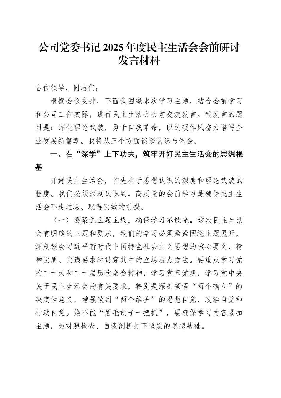 公司党委书记2025年度民主生活会会前研讨发言材料20260108_第1页