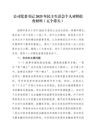 公司党委书记2025年民主生活会个人对照检查材料（五个带头）20260106