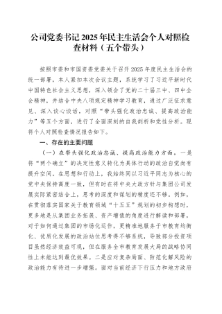 公司党委书记2025年民主生活会个人对照检查材料（五个带头）20260108