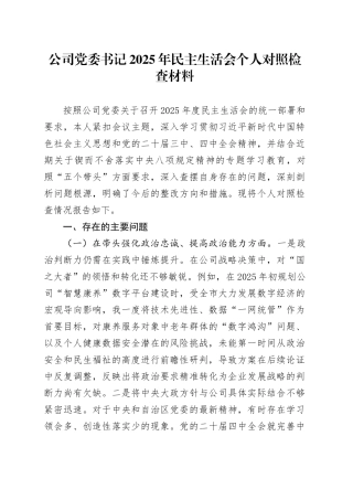公司党委书记2025年民主生活会个人对照检查材料（五个带头方面）20260106